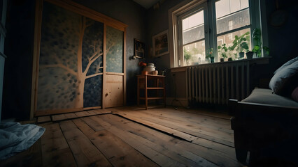Fototapeta premium A warm bedroom featuring wooden flooring, a tree mural and soft natural lighting