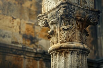 Ancient Greco-Roman hall interior with a circular stone podium surrounded by grand Corinthian columns. Beautiful simple AI generated image in 4K, unique.