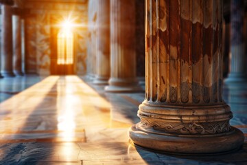 Ancient Greco-Roman hall interior with a circular stone podium surrounded by grand Corinthian columns. Beautiful simple AI generated image in 4K, unique.