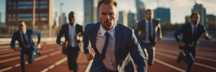 A group of business professionals in suits competitively running on a track, symbolizing corporate competition and the relentless pursuit of success in their careers.