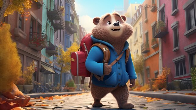 Cute bear walking to school with books - Funny adorable Look