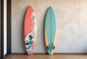 colorful surfboards leaning against a wall, with a wooden floor in the foreground