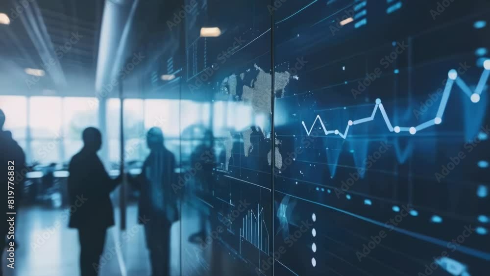 Aufkleber a group of people are standing in front of a large screen with graphs and numbers. scene is serious 