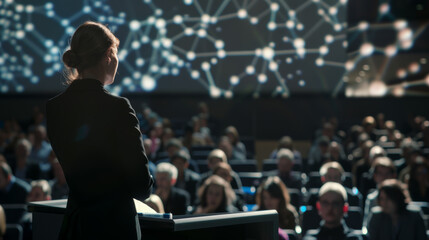 Confident speaker presents to an engaged audience at a conference.