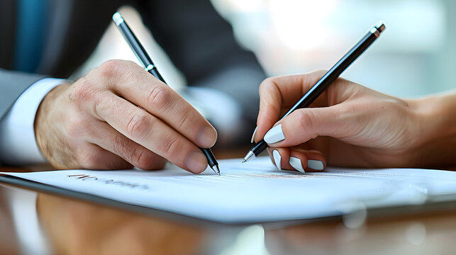Two people signing a contract.