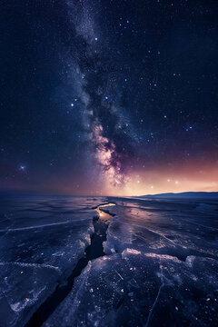 Dreamy starry dark sky, Galaxy, crack ice lake, crack, ultra-wide angle, panorama