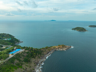 aerial view at Laem Promthep Cape viewpoint. Promthep cape is the most popular viewpoint in Phuket..Man island, Yanui beach small beach and wind turbine are also a sunset viewing spot..