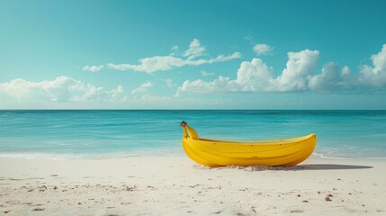 Obraz premium A yellow banana boat is sitting on the beach