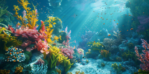 coral reef and fish, Dive into a vibrant underwater coral reef.