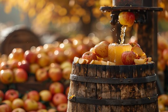 Apple juice in a traditional cider press