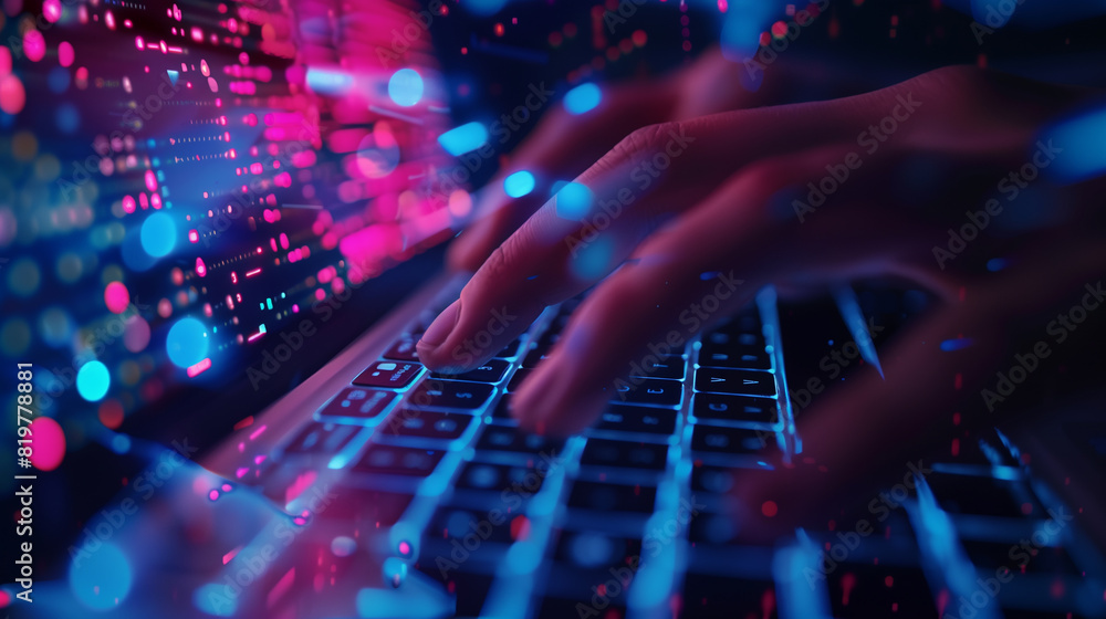 Poster a person is using a laptop with a glowing circle on the screen. concept of technology and innovation