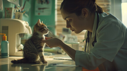 A caring veterinarian gently examines a curious kitten on a clinic table.