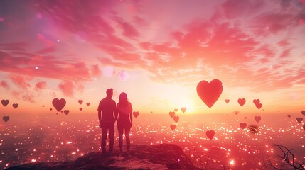 Obraz premium Couple Gazing at Floating Hearts in Pink Suns