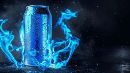Metal can of energy drink with blue flame on a black background with water drops. Place for text