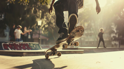 A skateboarder performs a trick at sunset with lens flare in a vibrant urban skatepark.