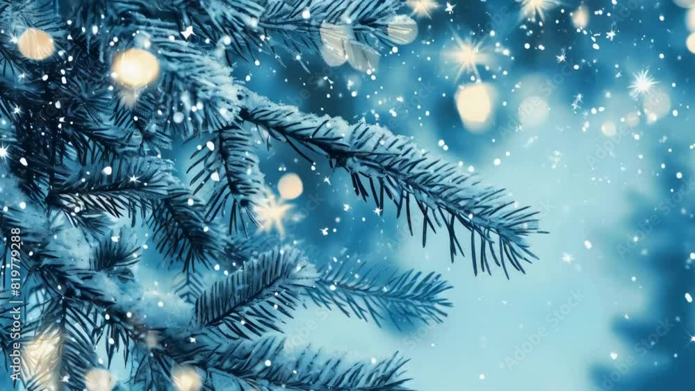 Poster a tree with snow on it and a blue sky background. the snow is falling and the tree is lit up by the 