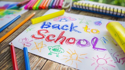 Child's drawing on a white album sheet with multi-colored letters and the inscription "Back to School." Pencils and a pencil case lying nearby convey the school atmosphere.