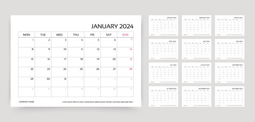 Calendar for 2024 year. Planner template. Week starts Monday. Monthly calender organizer. Desk schedule grid with 12 month. Horizontal yearly diary layout. Corporate simple agenda. Vector illustration