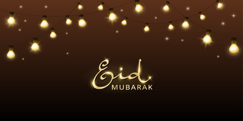 Eid Mubarak banner with hanging light bulbs decoration. Ramadan and Al Adha vector background. Eid calligraphy in arabic style. Vector.