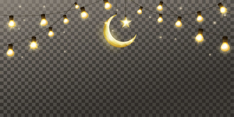 Muslim holidays festive frame isolated. Ramadan and Al Adha garland. Eid Mubarak banner with hanging light bulbs and crescent decoration. Transparent background can be removed in vector format. © Olga Prozorova