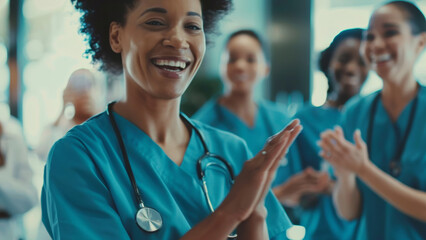 A joyful medical professional receives applause from her colleagues.