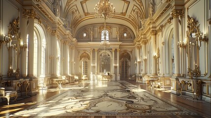Fototapeta premium A grand palace with ornate architectural details. Inside, an opulently decorated room with high ceilings, intricate moldings. Generative AI.