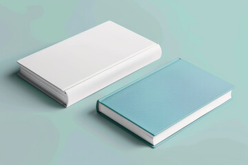 Two minimalist books: one white, the other blue with a light gray backdrop.