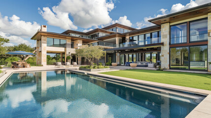 Luxurious modern house with floor-to-ceiling windows beside a sleek pool.