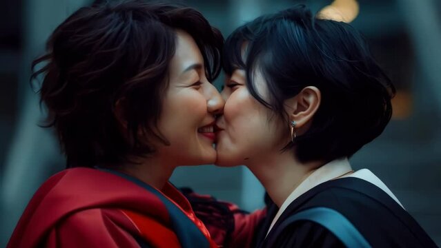 Two women kissing each other. One of them is wearing a red jacket. Scene is romantic and affectionate