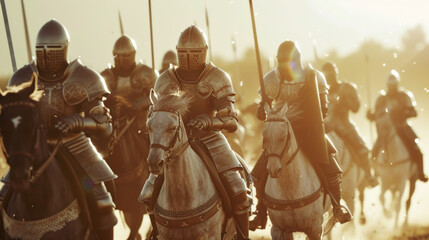 Naklejka premium Medieval knights charge into battle, a powerful depiction of historic warfare.