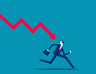 Failed businessman run away from falling down arrow chart. Business economic recession vector concept