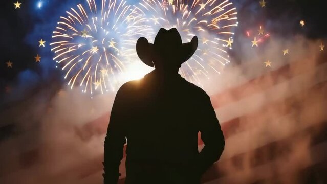 Silhouette of a Cowboy Watching Fireworks display in the Night Sky - 4k stock video footage AI