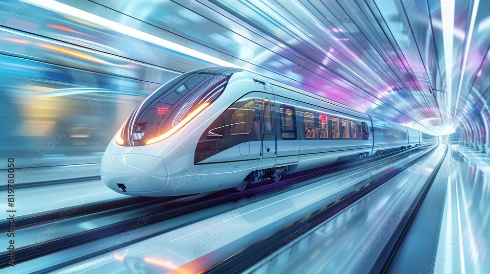 Poster modern train speeding through a futuristic urban landscape with transparent tunnels on white solid b