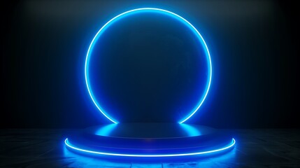 Futuristic circular neon blue stage platform with glowing lights, set in a dark, atmospheric environment with modern design elements.