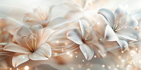Ethereal abstract floral background with delicate white flowers and shimmering light particles