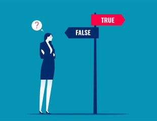 True and False vector concept. Businesswoman thinking about choosing the right direction