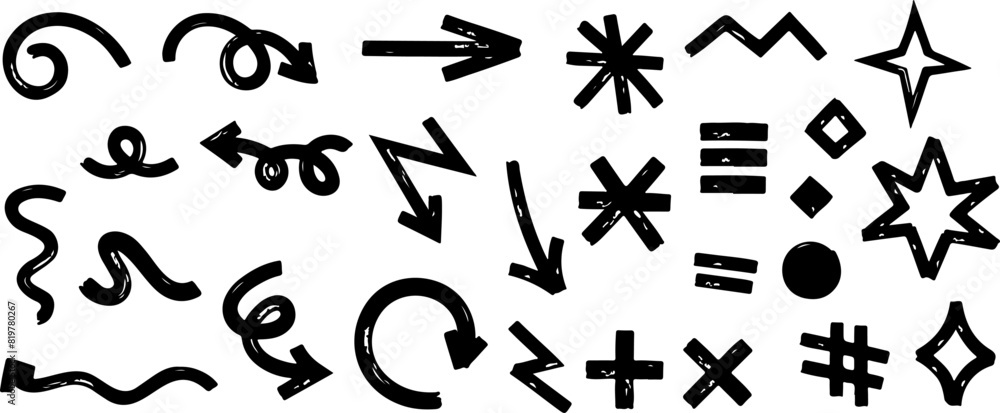 Poster pixel perfect icon set of hand drawn objects with brush. marker texture. chalk drawing grunge shapes