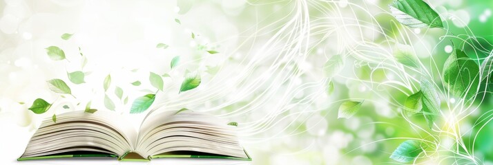 Open book with green leaves swirling around on a bright abstract background