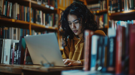 Young student immersed in study surrounded by towering bookshelves in a library.
