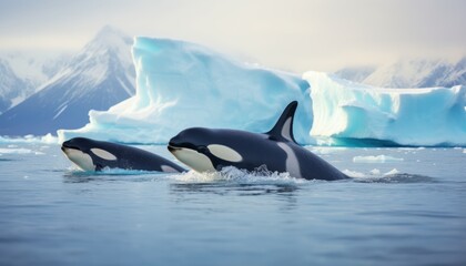 Fototapeta premium Groups of Orcas or killer whales swim and hunt for prey, the top of the food chain in a sea of ​​ice floes