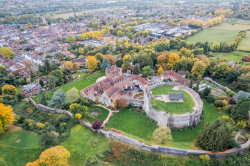 beautiful aerial view of Farnham Castle, South England, Surrey, United Kingdom, in Autumn