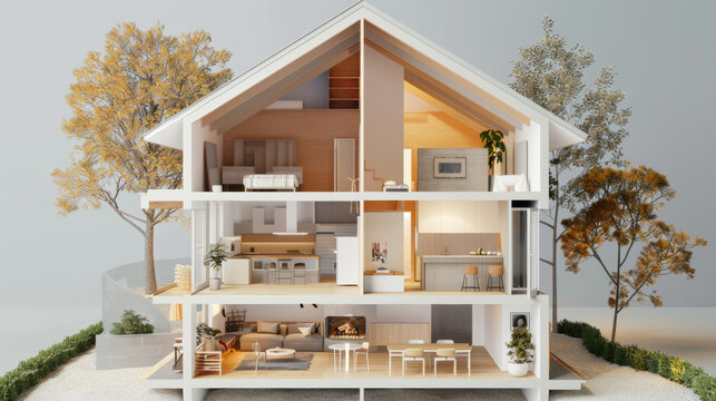 Cross-section of a modern minimalist house showcasing interior design.