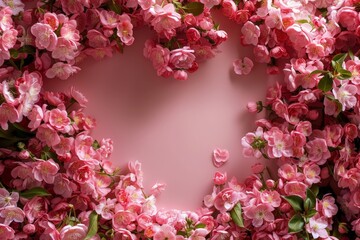 Drawing of a heart-shaped arch made of flowers. Backdrop with selective focus and copy space for the inscription. Beautiful simple AI generated image in 4K, unique.