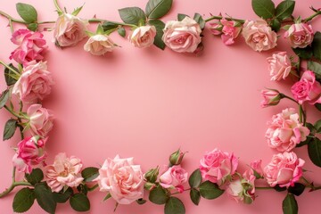 Drawing of a heart-shaped arch made of flowers. Backdrop with selective focus and copy space for the inscription. Beautiful simple AI generated image in 4K, unique.