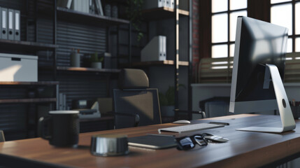 A modern office space stands ready for productivity with sleek furniture and tech.
