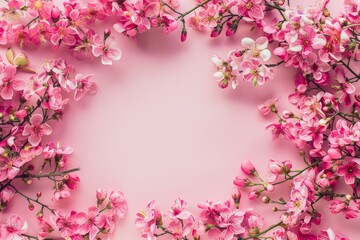 Fototapeta premium Drawing of a heart-shaped arch made of flowers. Backdrop with selective focus and copy space for the inscription. Beautiful simple AI generated image in 4K, unique.