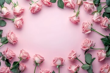 Drawing of a heart-shaped arch made of flowers. Backdrop with selective focus and copy space for the inscription. Beautiful simple AI generated image in 4K, unique.