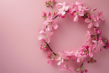 Drawing of a heart-shaped arch made of flowers. Backdrop with selective focus and copy space for the inscription. Beautiful simple AI generated image in 4K, unique.