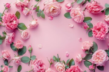 Drawing of a heart-shaped arch made of flowers. Backdrop with selective focus and copy space for the inscription. Beautiful simple AI generated image in 4K, unique.