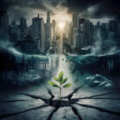 City destroyed and flooded by sea water concept of apocalypse end of the world av\nd grow up of a plant Generative AI
